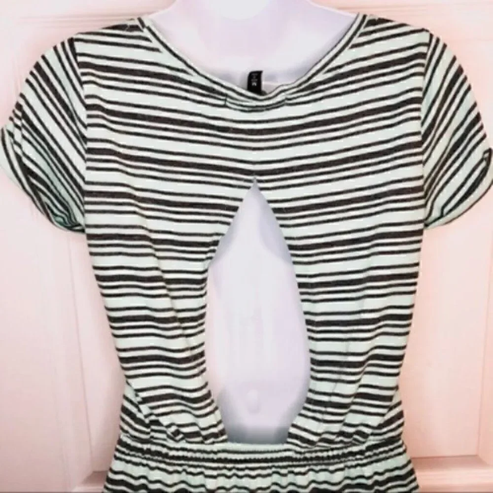 Derek Heart Mint Green Gray Stripe Cutout Back Maxi T-Shirt Dress  M